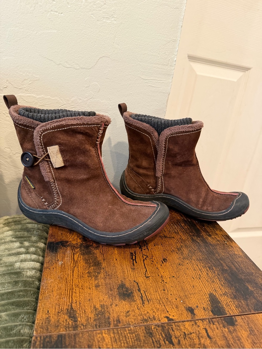 Women’s Brown Suede Ankle Booties with Knit Collar